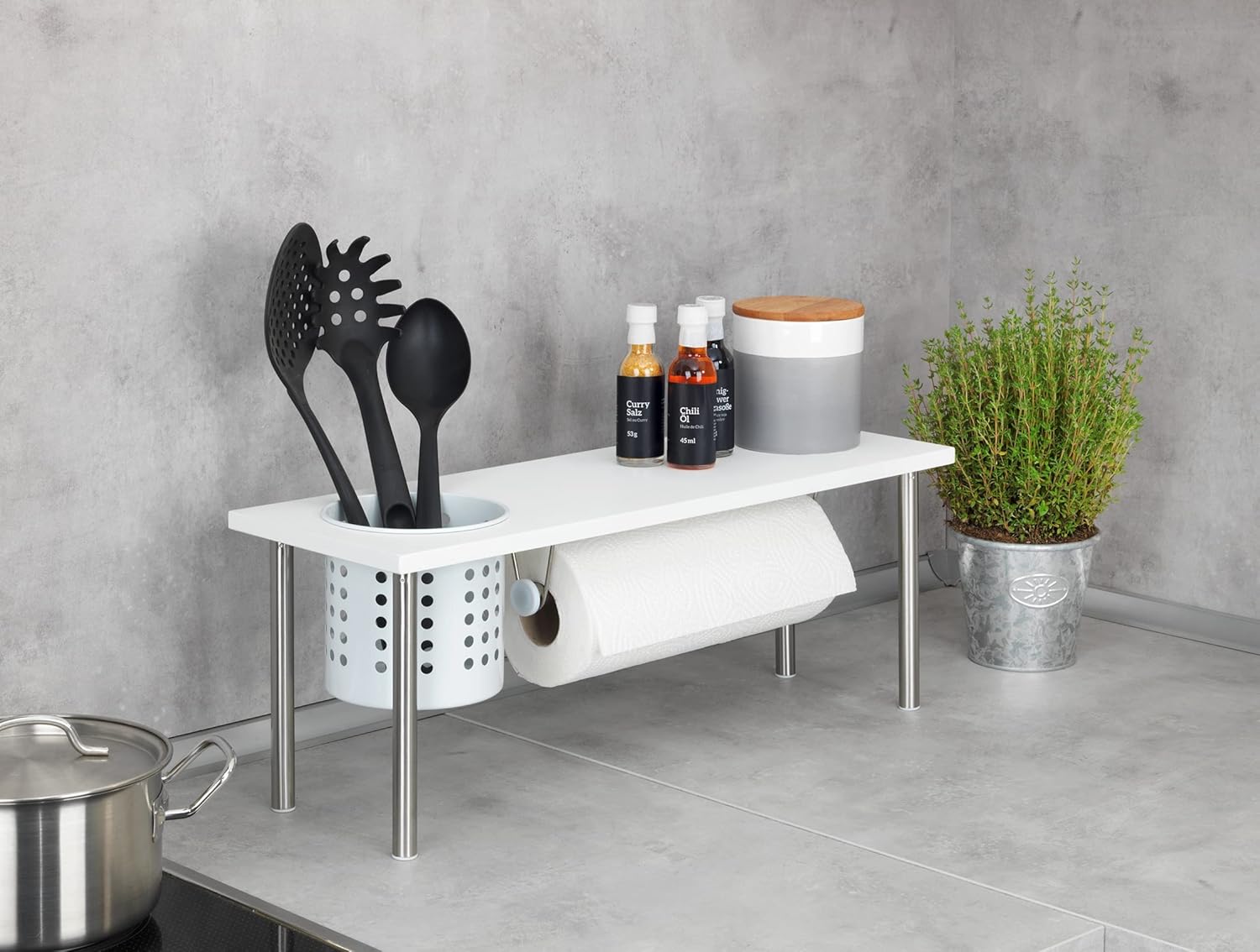 WENKO Blanco Kitchen Shelf MDF – Kitchen Roll & Utensil Holder Storage Rack White