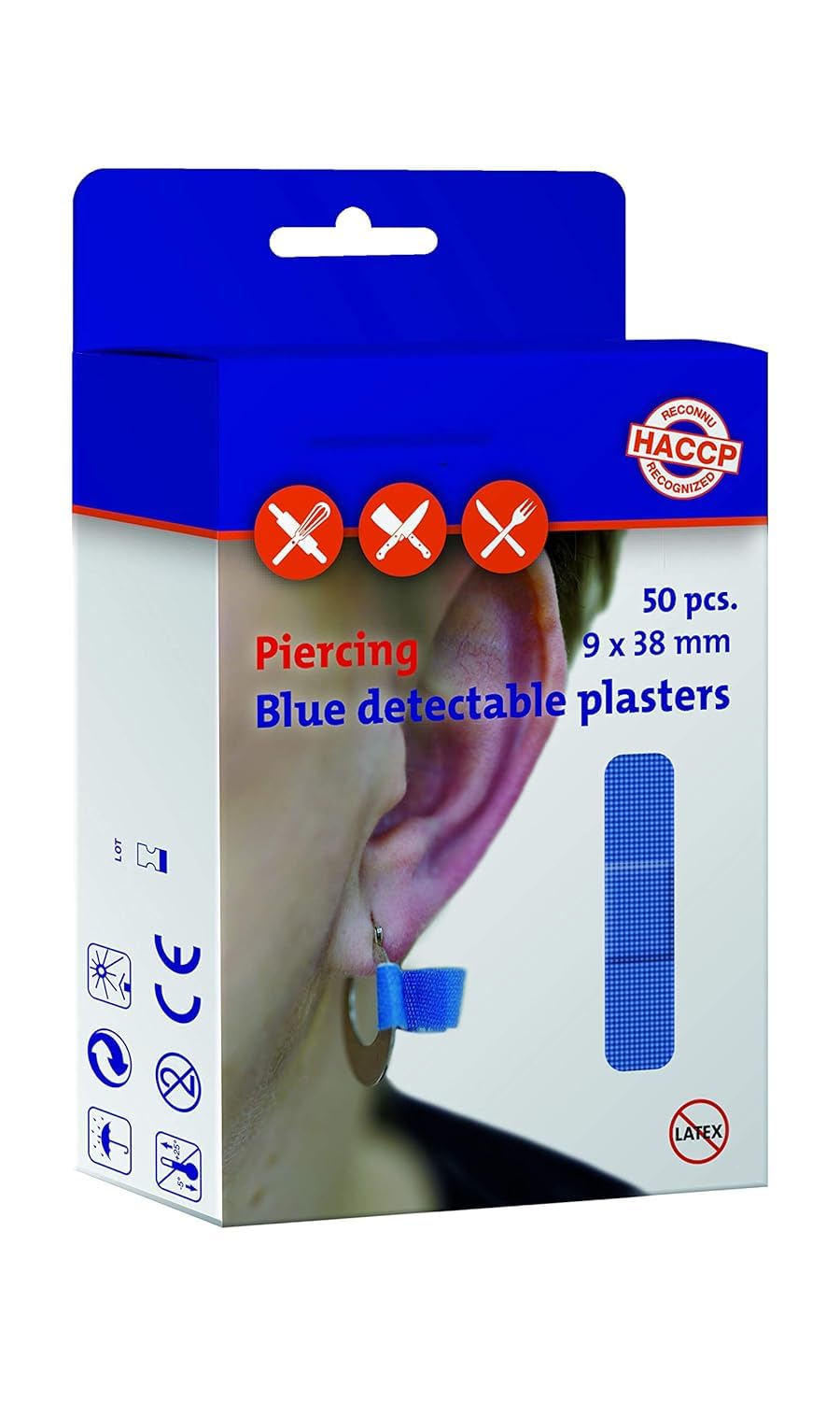 Maya Visual Detectable Plaster for Piercing 9cm x 38mm – Blue Adhesive Bandages (Pack of 50) TTD2P