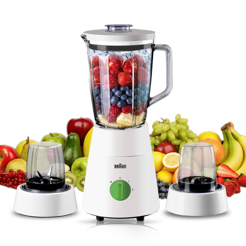 Braun PowerBlend 1 Jug Blender 500W Glass 1.5L with TriAction Technology and 2 Mills JB 0153