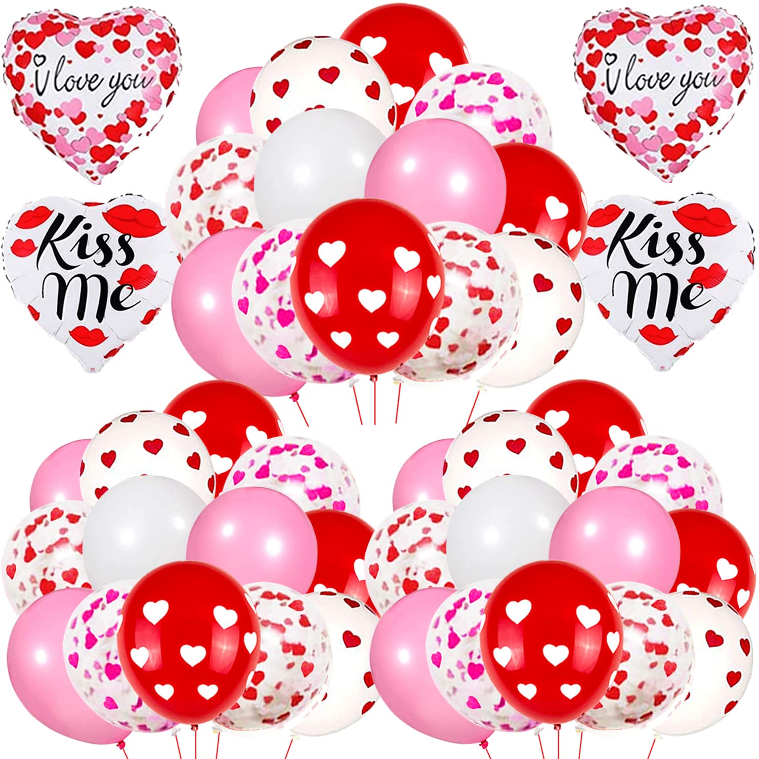 Valentine’s Day Decorations 64PCS Pink and White Heart Balloons with Confetti and Foil Balloons
