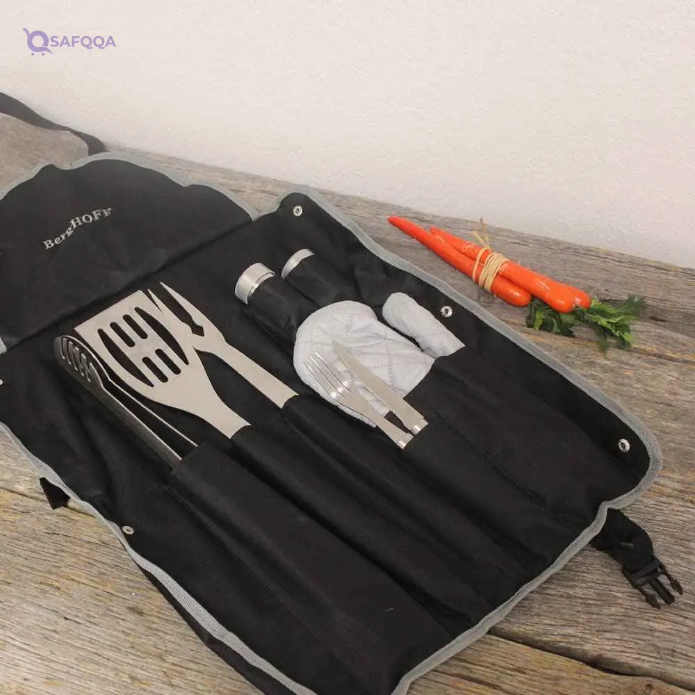 Berghoff 9-Piece BBQ Grill Set Barbecue Tools Kit in Apron Portable Grill Accessories Set Stainless Steel BBQ Utensils with Storage Apron Black Color Outdoor Cooking Set
