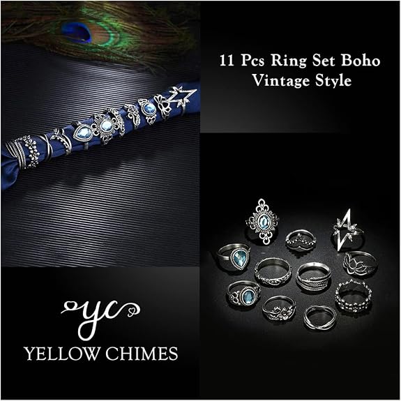 Yellow Chimes Crystal Oxidized Silver Plated Ring Set for Women 11 Pieces
