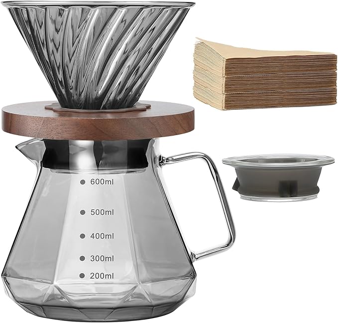 KASTWAVE Pour Over Coffee Maker 600ml with Filters and Walnut Handle Gray