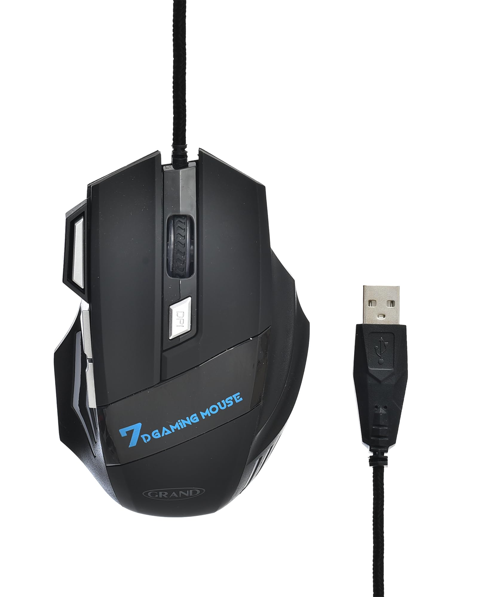 Generic GRAND QS-1700 Gaming Mouse – RGB Lighting, 7 Buttons & Braided Cable (Black & Silver)
