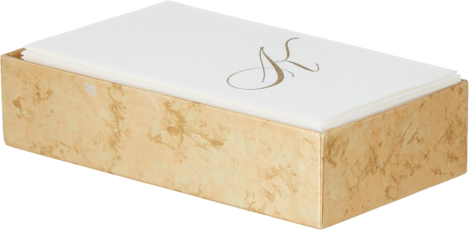 Caspari Signature Gold Initial “K” Paper Linen Guest Towels, White Pearl, Pack of 24