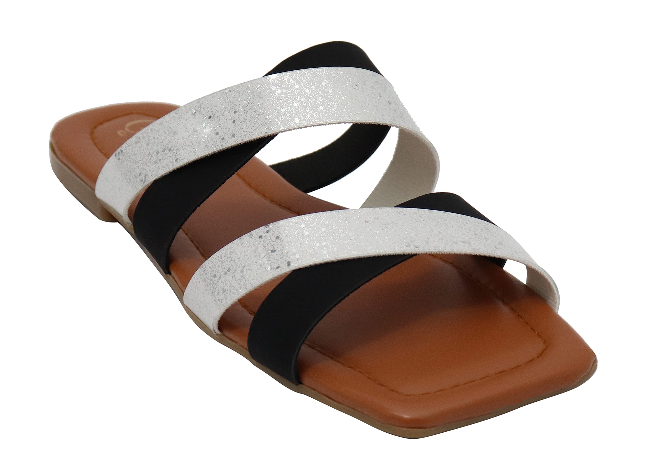 Glitter Criss-Cross Strap Women Slides – Flat Square Toe Fashion Sandals