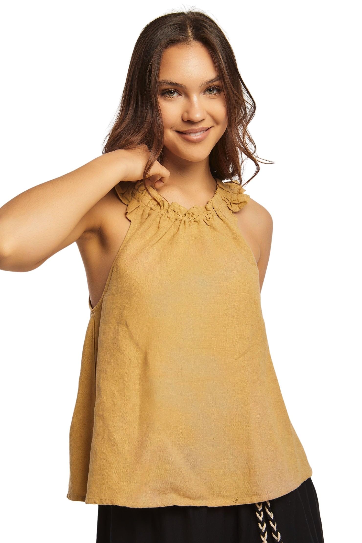 DARE Women’s Fancy Short Sleeve Halter Neck Top with Ruffles and Neck Gathers