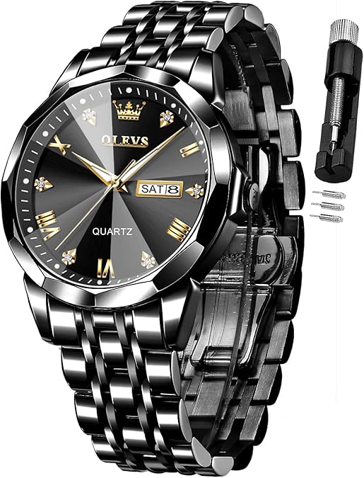 OLEVS Men Analog Watch Diamond Business Dress Stainless Steel Black-Have Scratches