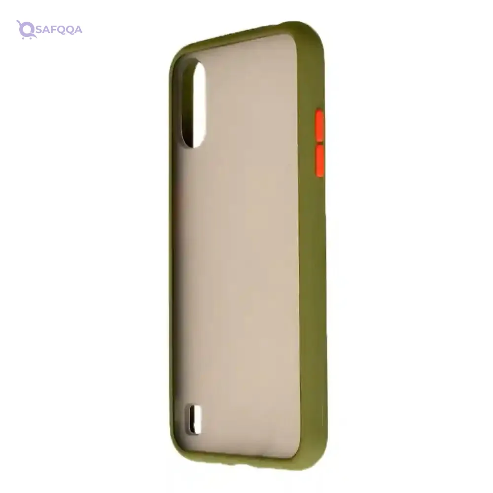 Stylish Hard Back Phone Case with Colored Silicone Edges & Semi-Transparent Back for Samsung Galaxy A01 5.7 Inch – Olive & Orange