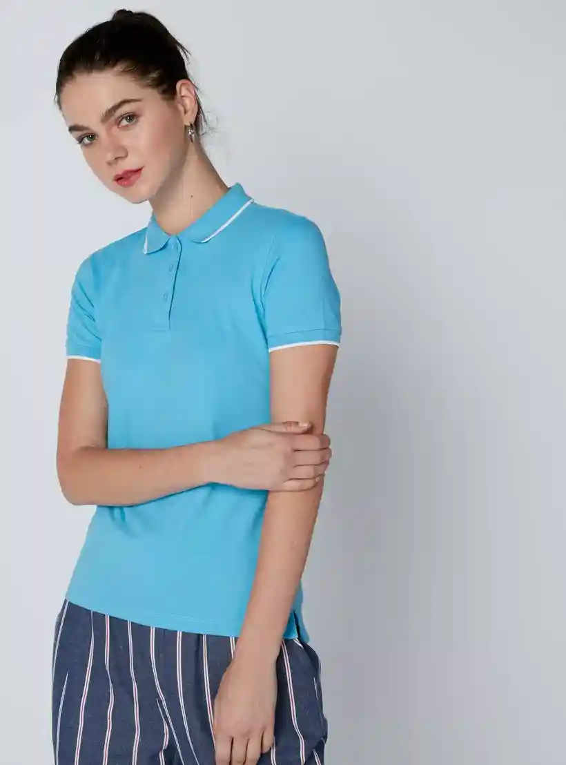 Women’s High Neck Polo T-Shirt – Short Sleeve Stylish Top with Decorative Details