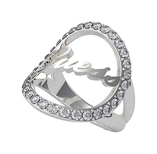 Guess Women Stainless Steel Ring Silver Zircon Embellished Stone Front Logo Fashion Jewelry Elegant Durable Statement Ring Premium Design