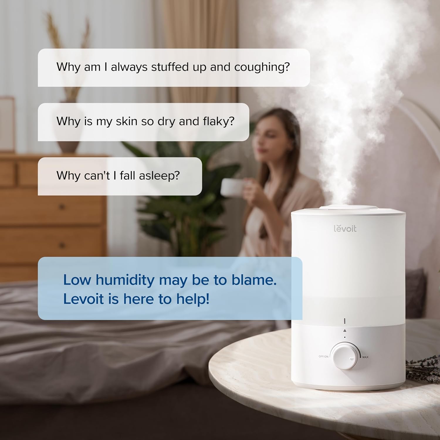 LEVOIT Cool Mist Humidifier 3L White with Night Light