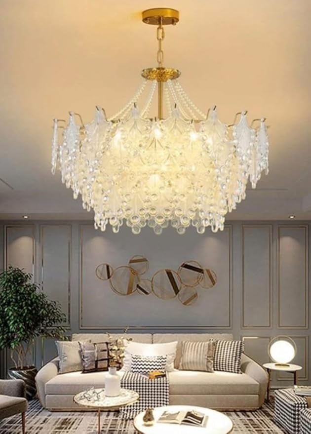 Golden Lighting Chandelier with Copper Metal Finish, Glass Slices and 9 Bulbs