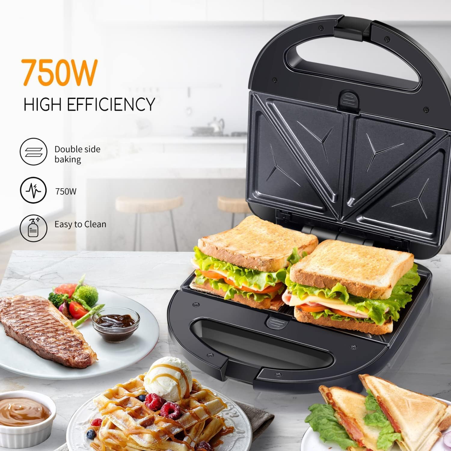 SKY-TOUCH 3-in-1 Sandwich Maker 750W with Waffle & Grill Plates Black
