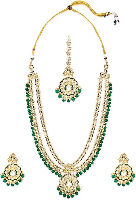 ZAVERI PEARLS Long Necklace and Earring Set for Women Green ZPFK17195