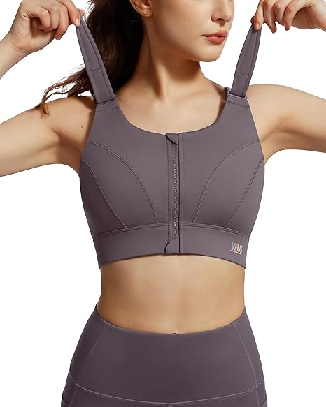 VFUS Women’s Zip Front Sports Bra Full Coverage Grey
