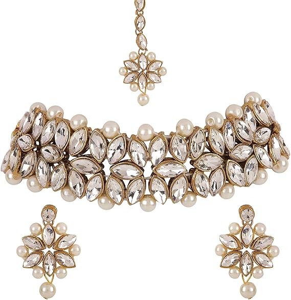 Shining Diva Fashion Antique Traditional Necklace Set with Earrings for Women White