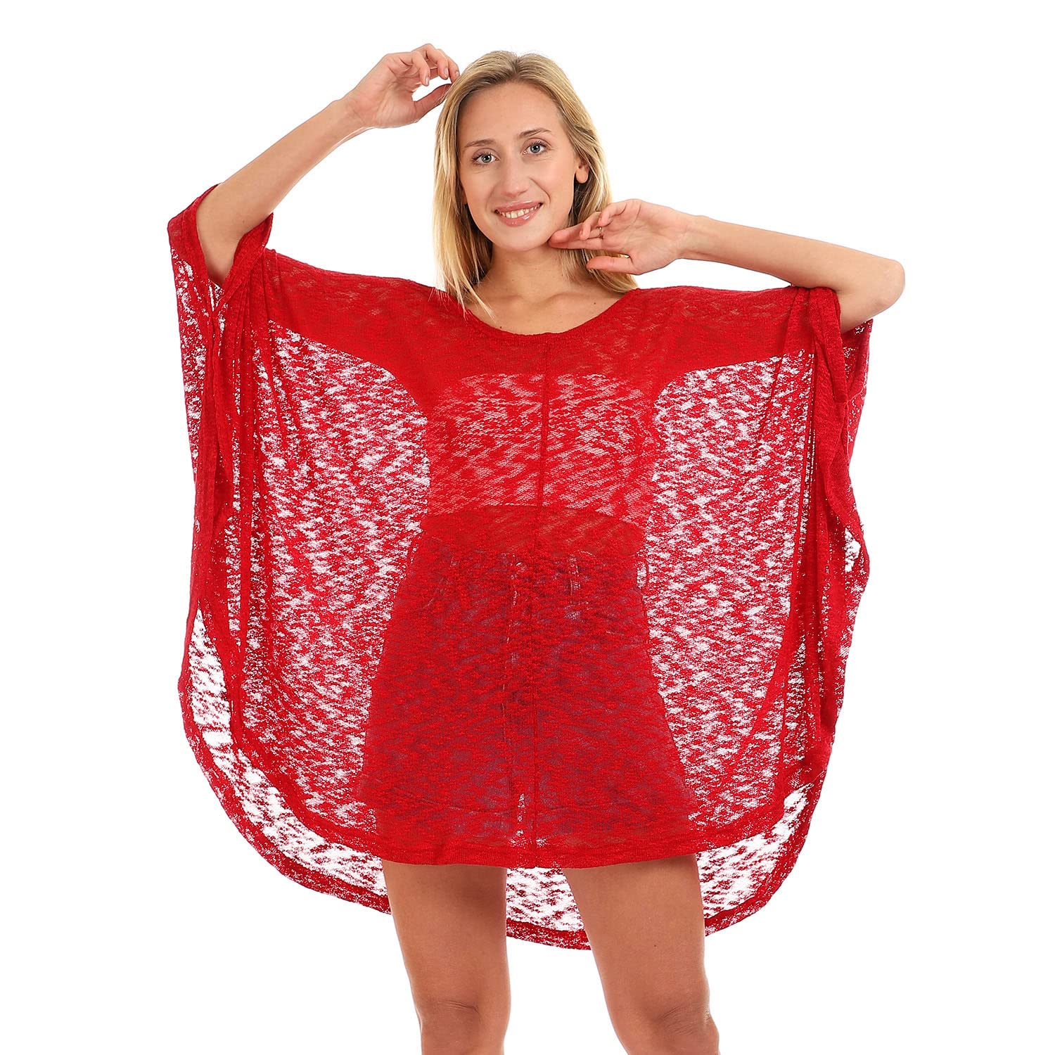 JAMILA Women Red Sheer Kaftan Swim Cover-Up – Lightweight Beach Kaftan Dress