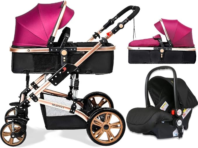 Teknum 3 in 1 Baby Pram Stroller with Infant Car Seat – Wine Color Travel System