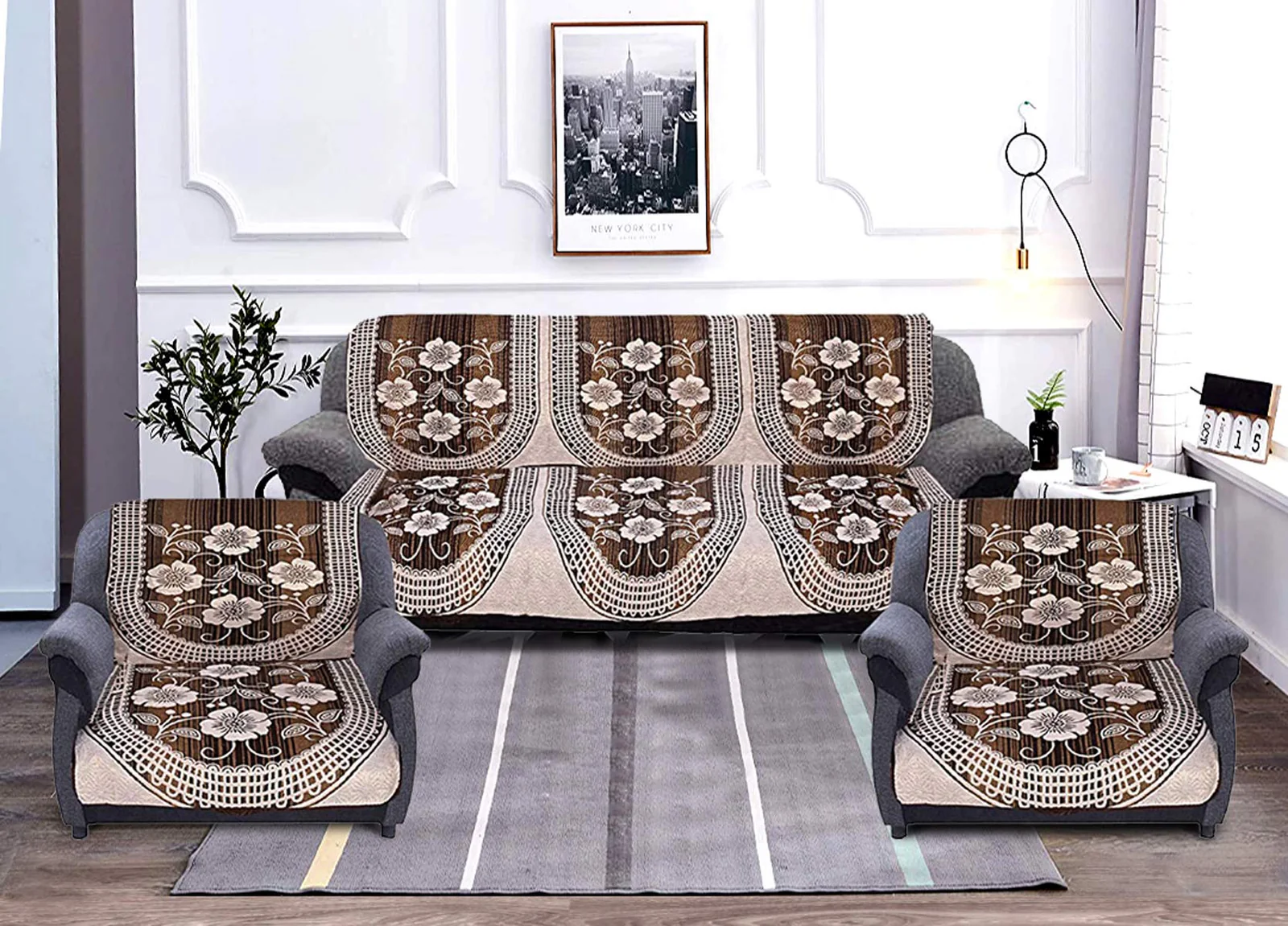 Fun Homes 6-Piece Floral Sofa Cover Set for 5-Seater Brown