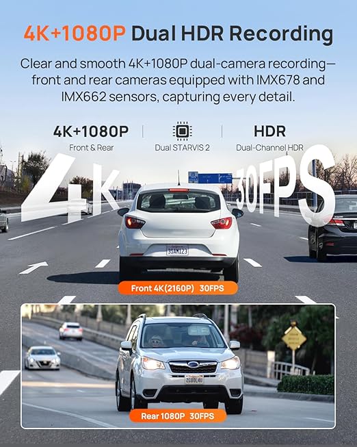 70mai A810S 4K Dash Cam with Front & Rear Cameras, HDR Night Vision & GPS